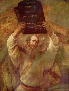 Moses with tablets of the Ten Commandments, painting by Rembrandt, (1659)