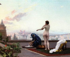 Artist Jean-Leon Geromeâ€™s (1824-1904) depiction of Bathsheba bathing as viewed from David's perspective. Although David had got up at night when he saw her, this is portrayed as if in daytime.