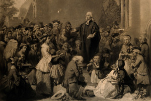 John Wesley preached many sermons outdoors, anywhere everyday people gathered. (Photo is public domain, from Wikimedia Commons.)