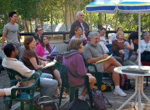 Find the gray-bearded guy with a notepad. (Writers Workshops Photo by Brett Hall)